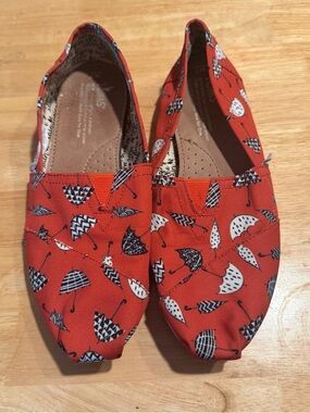 Toms Red Canvas Slip-Ons with Umbrella Print